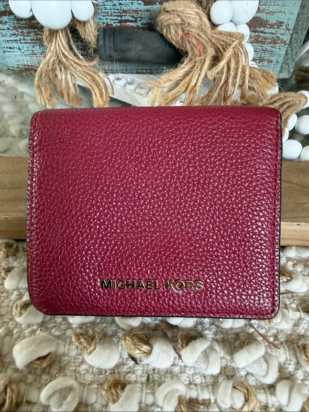 Michael Kors Pebbled Leather Wallet in Wine Red with Gold Logo